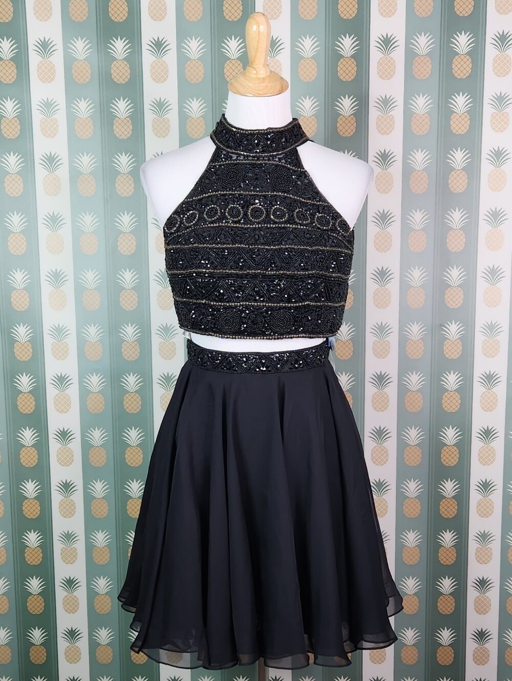 Sherri Hill Black Beaded Halter Two-Piece Dress